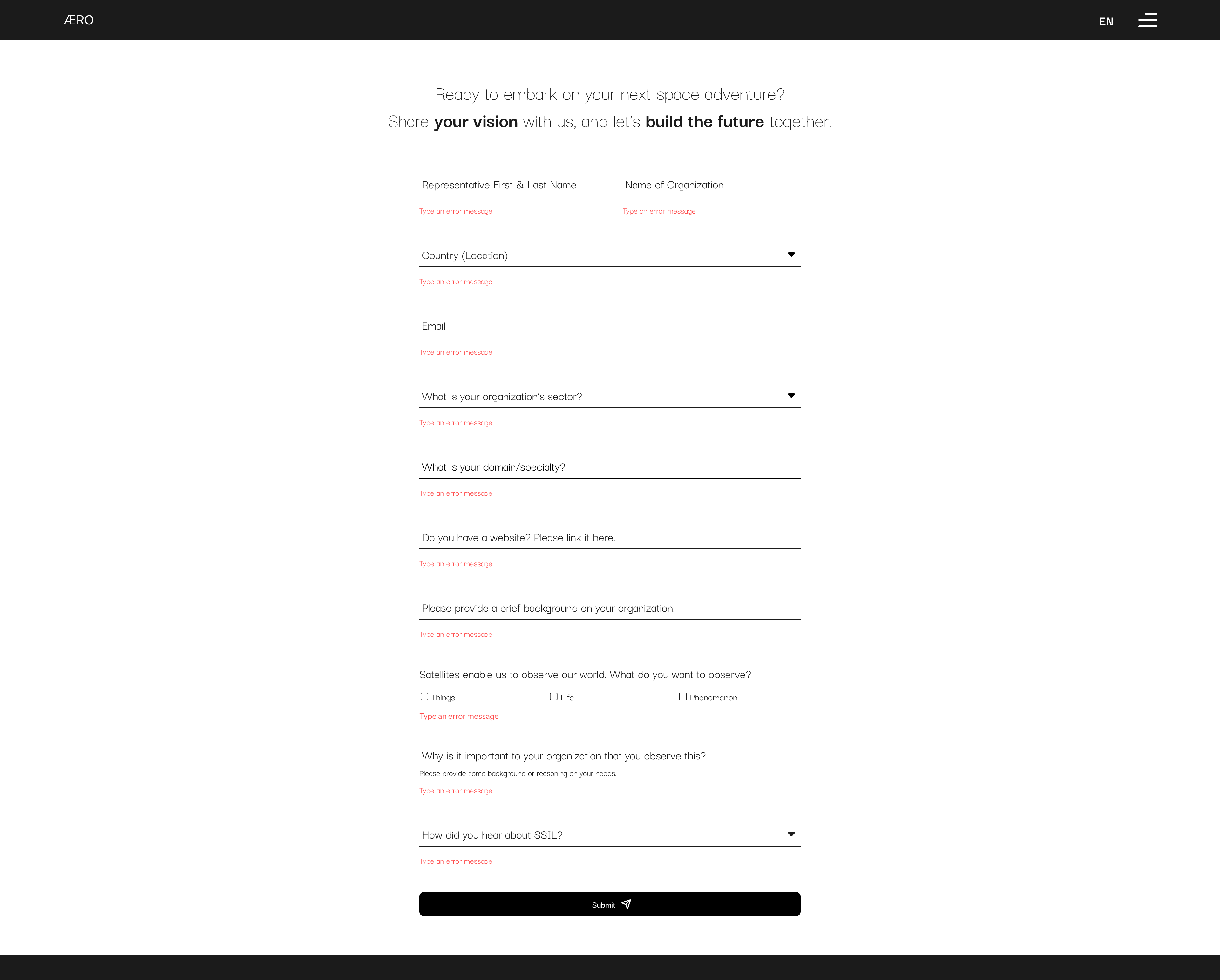 Inquiry form collecting organization background and satellite-service needs.