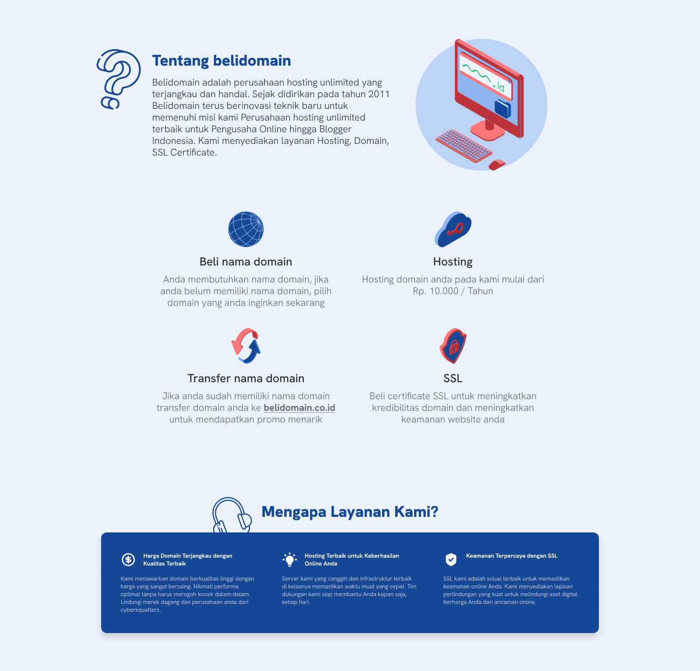 BeliDomain landing page service overview and benefits.