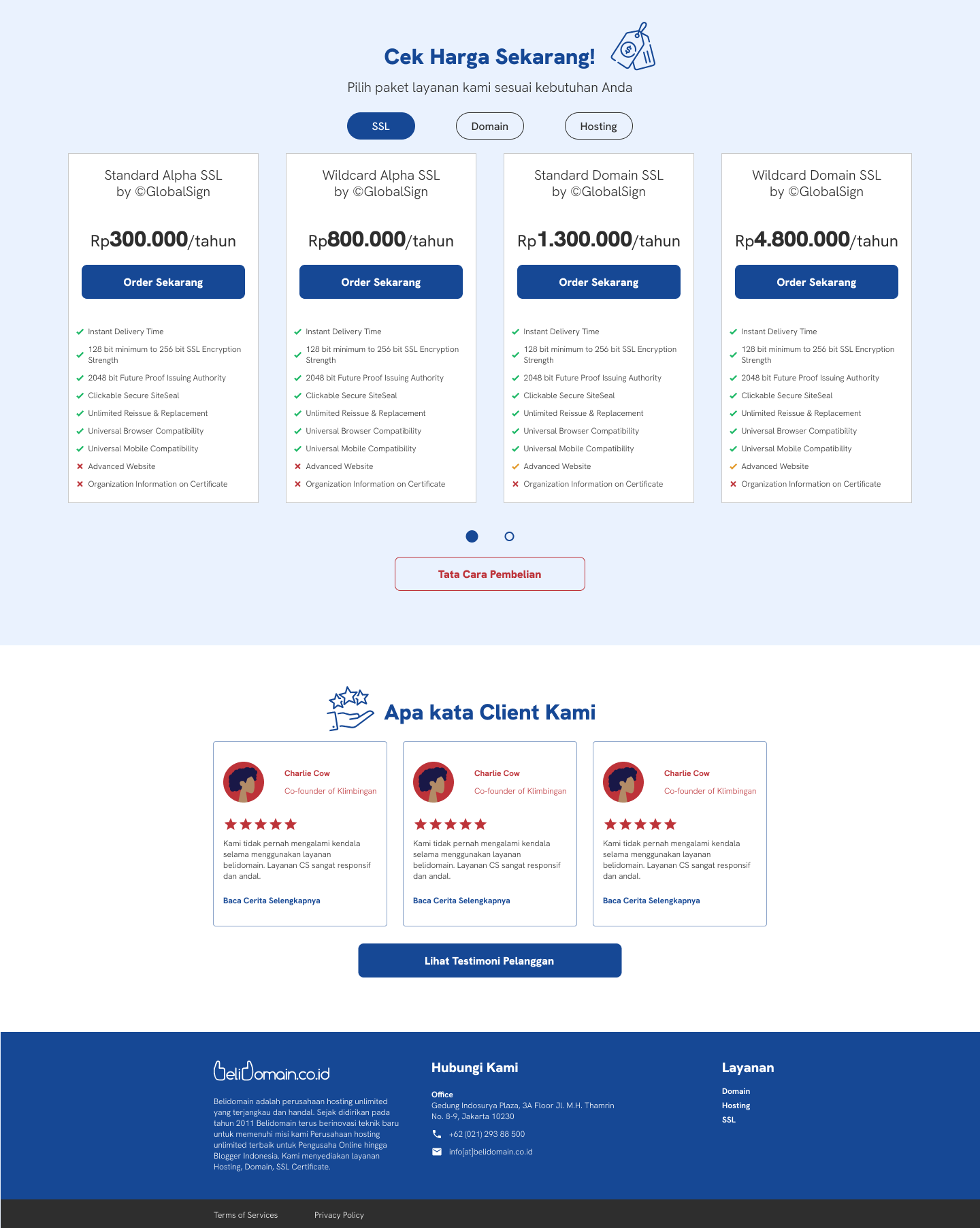 BeliDomain pricing and supporting landing-page content.