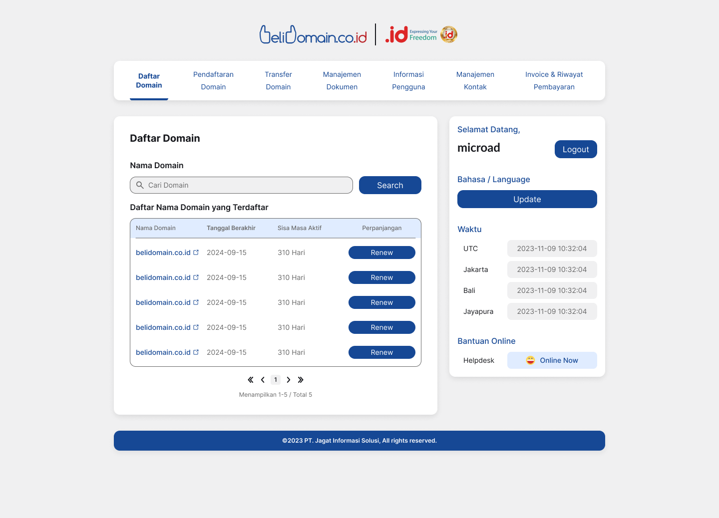 BeliDomain domain-management table with renewal controls.