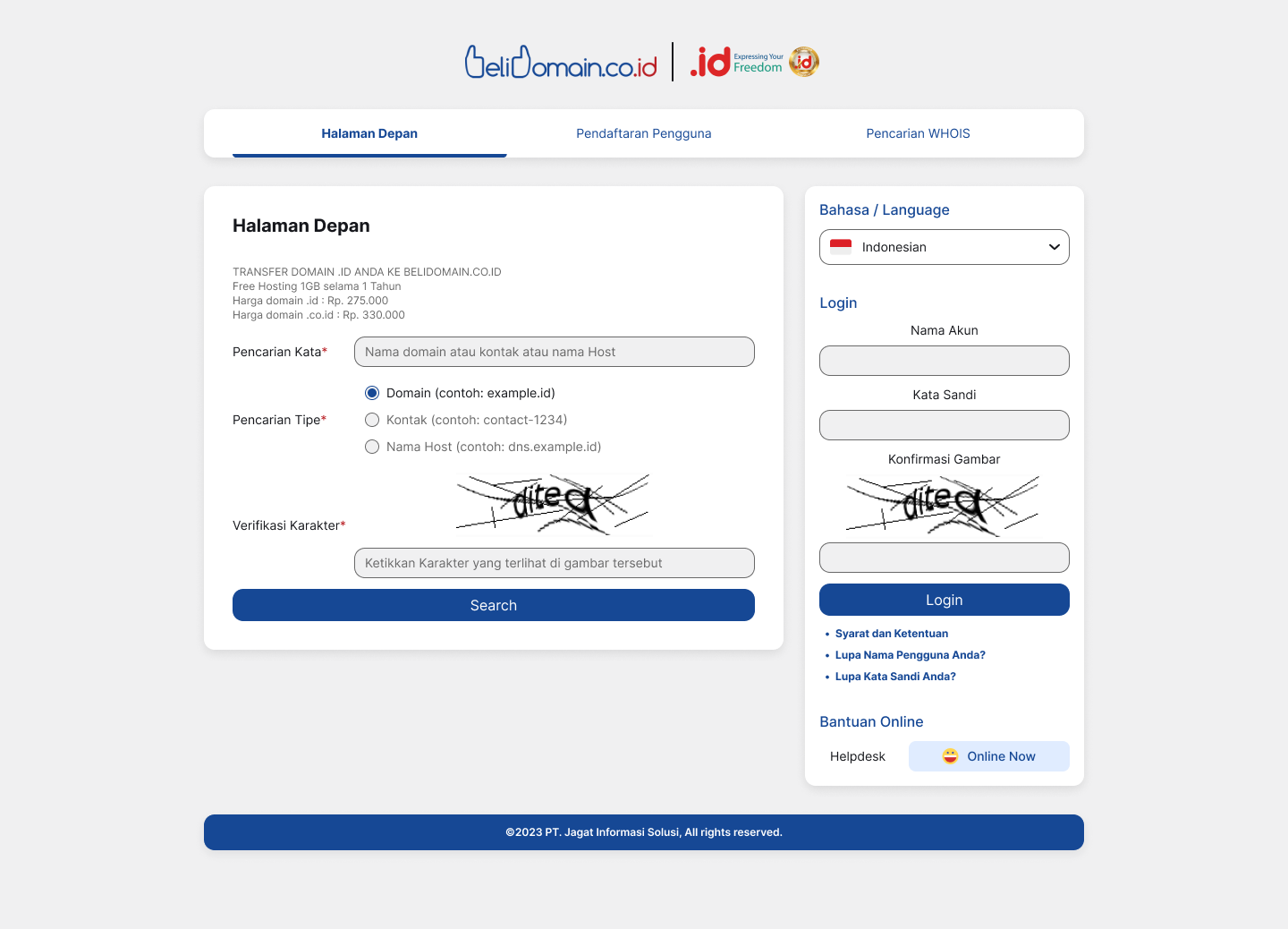 BeliDomain account homepage with domain search and login.